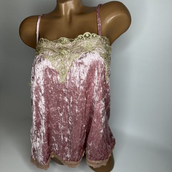 Crushed Velvet Lace Cami Pink Gold Trim Small Fairycore Coquette Romantic Top - Picture 11 of 11